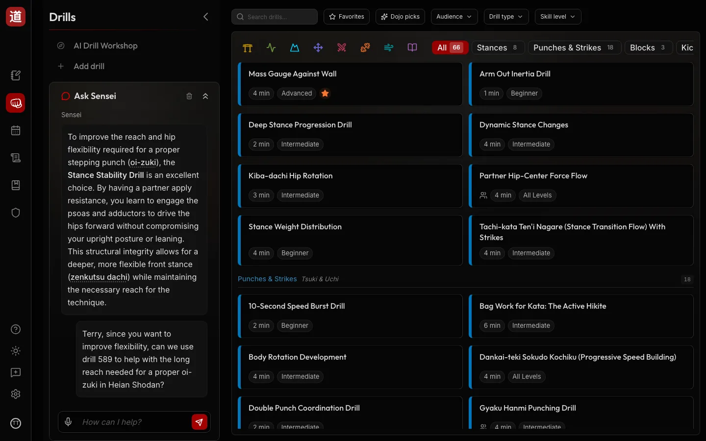 DojoSensei drill library — searchable karate drill cards with video, cues, and the Ask Sensei panel open