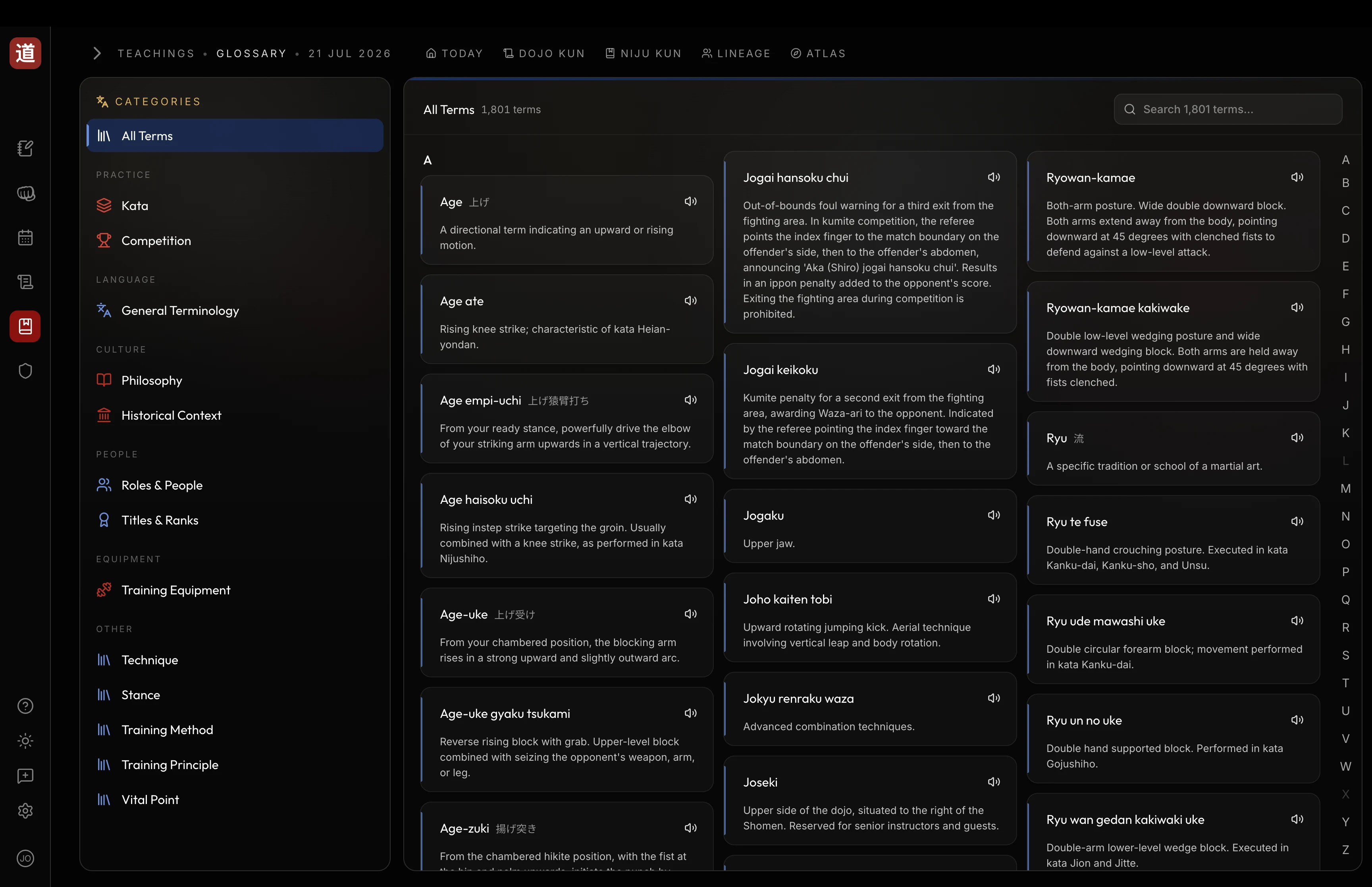 DojoSensei 1,900-term Shotokan glossary, searchable by category
